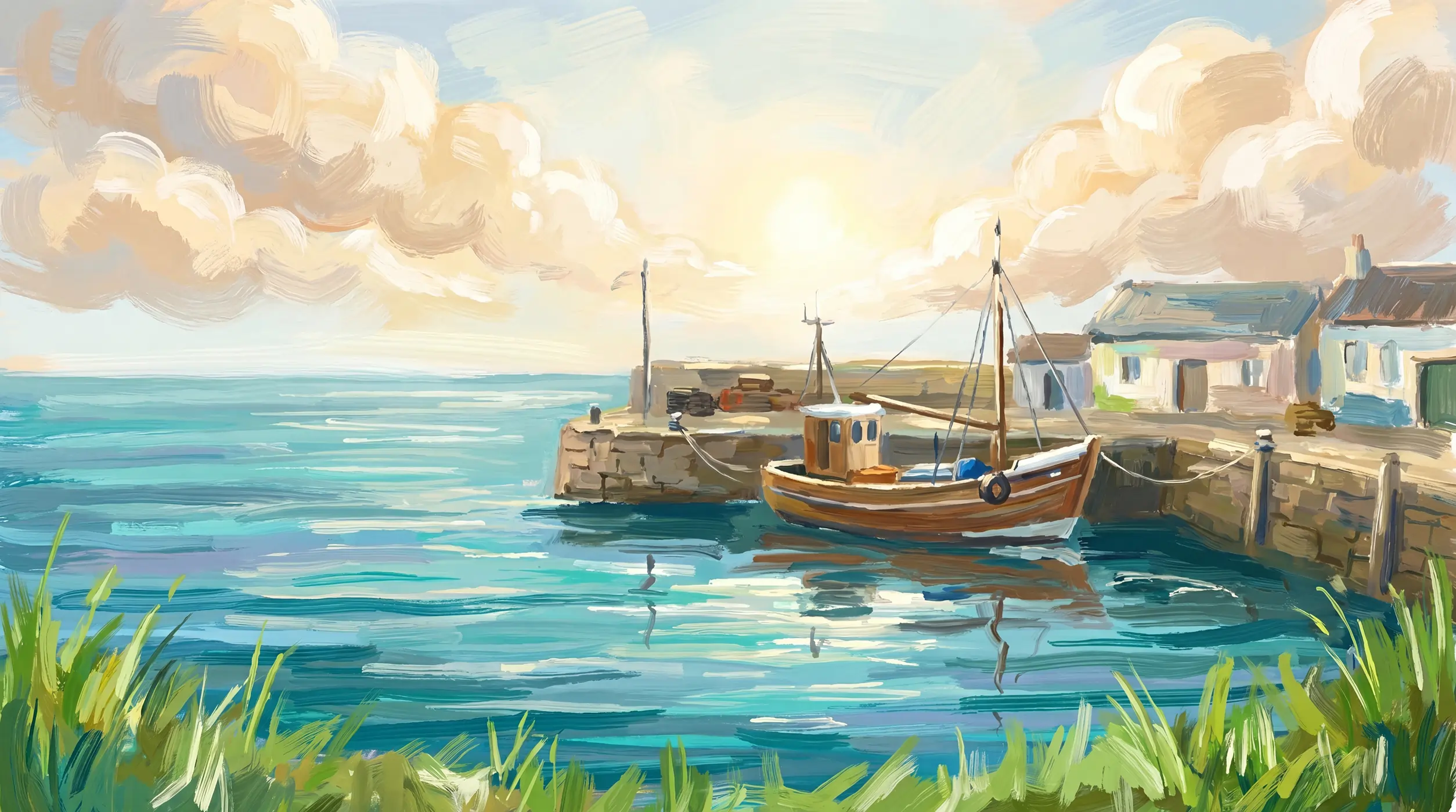 A calm North Sea harbor on a bright morning
